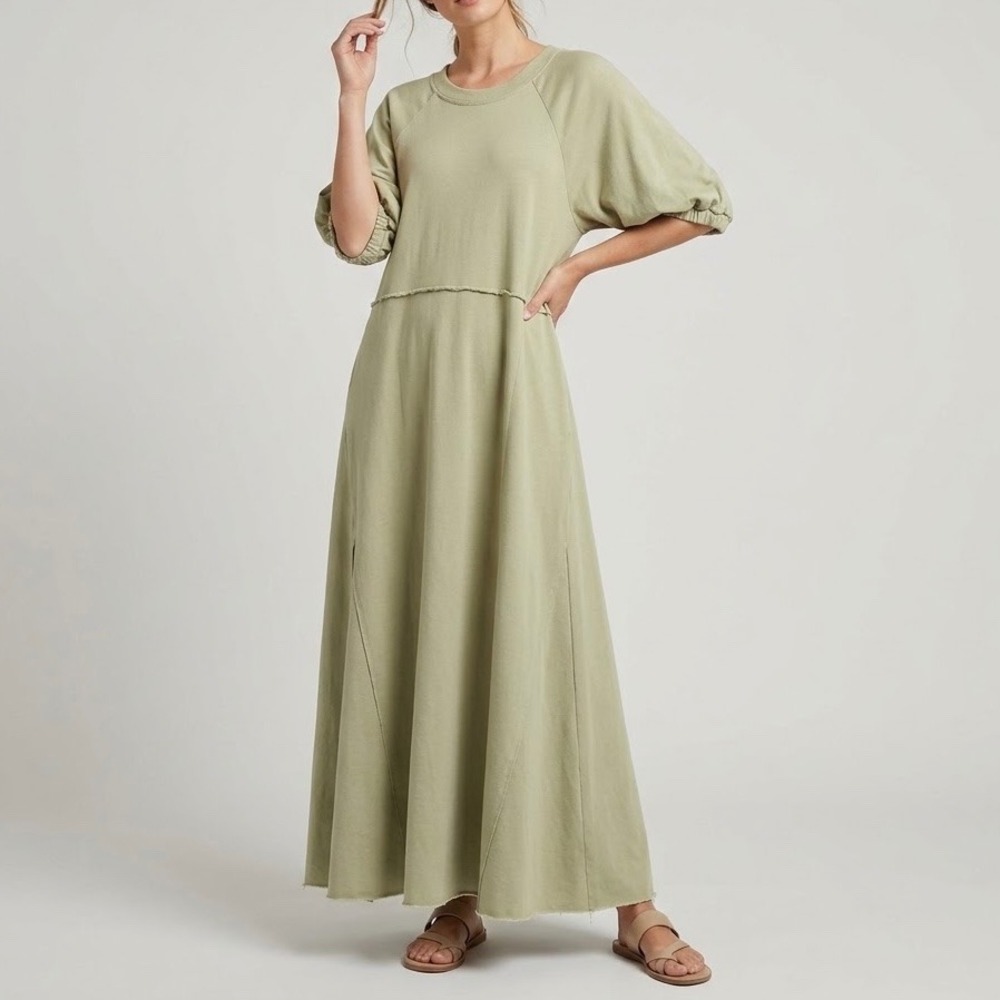 NEW Free People Beach Brentwood Cotton Maxi Dress Dried Aloe Puff Sleeve Large